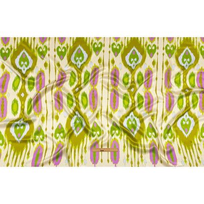 Italian Kiwi, Orchid and Beige Ikat Diamonds Silk Charmeuse Drape