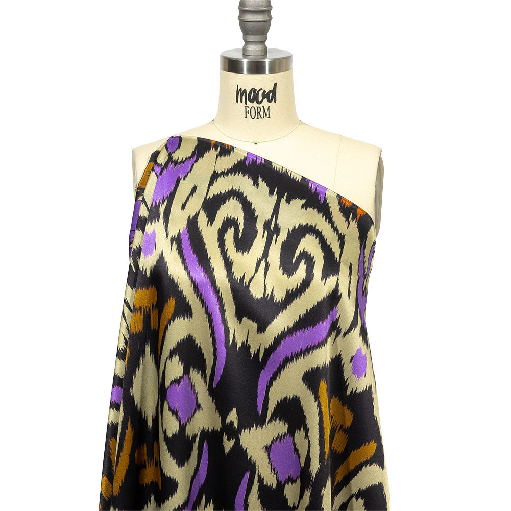 Italian Black, Purple and Orange Ikat Spots Silk Charmeuse Detail