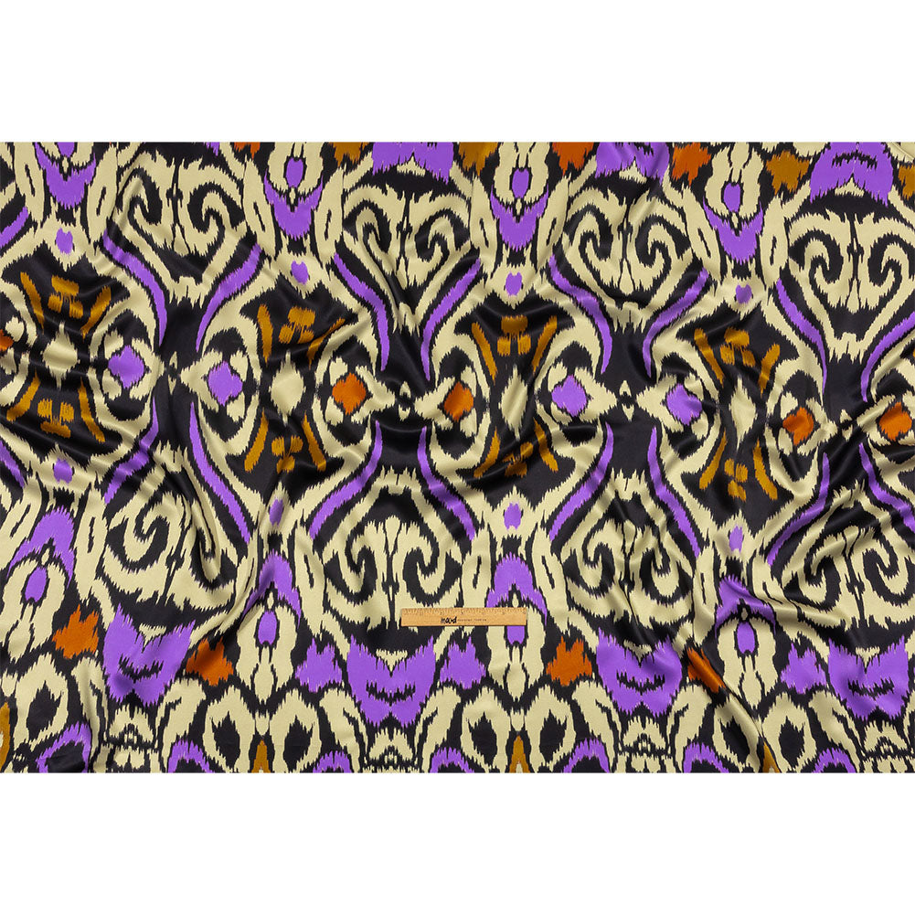 Italian Black, Purple and Orange Ikat Spots Silk Charmeuse Drape