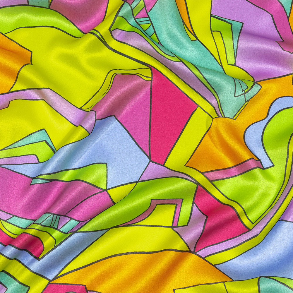 Italian Yellow, Pink, and Teal Geometric Abstraction Silk Charmeuse