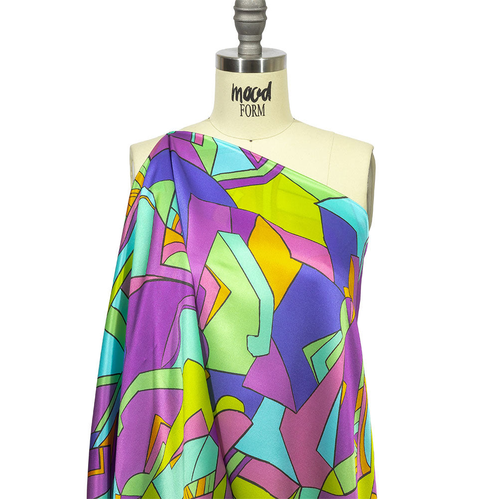 Italian Blue, Purple, and Green Geometric Abstraction Silk Charmeuse Detail