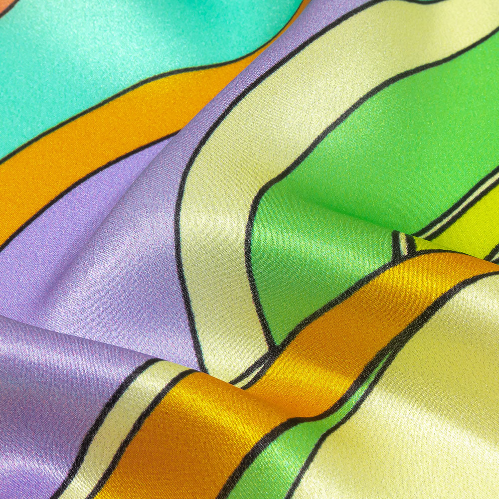 Italian Beige, Turquoise and Coral Abstract Flow Silk Charmeuse Folded