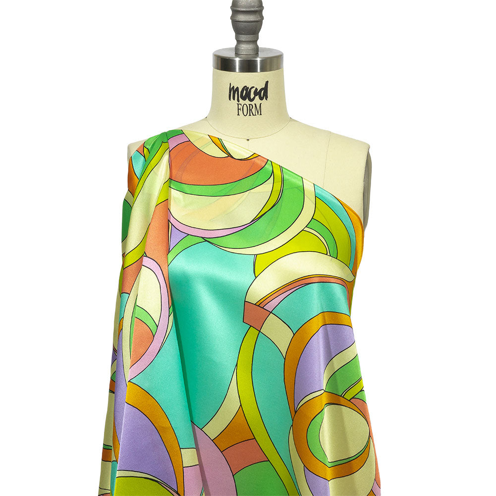 Italian Beige, Turquoise and Coral Abstract Flow Silk Charmeuse Detail