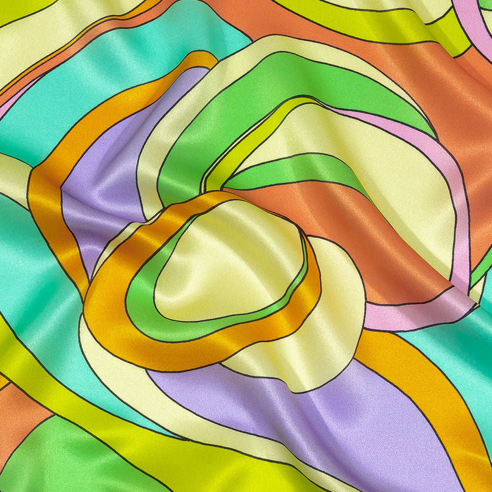 Italian Beige, Turquoise and Coral Abstract Flow Silk Charmeuse