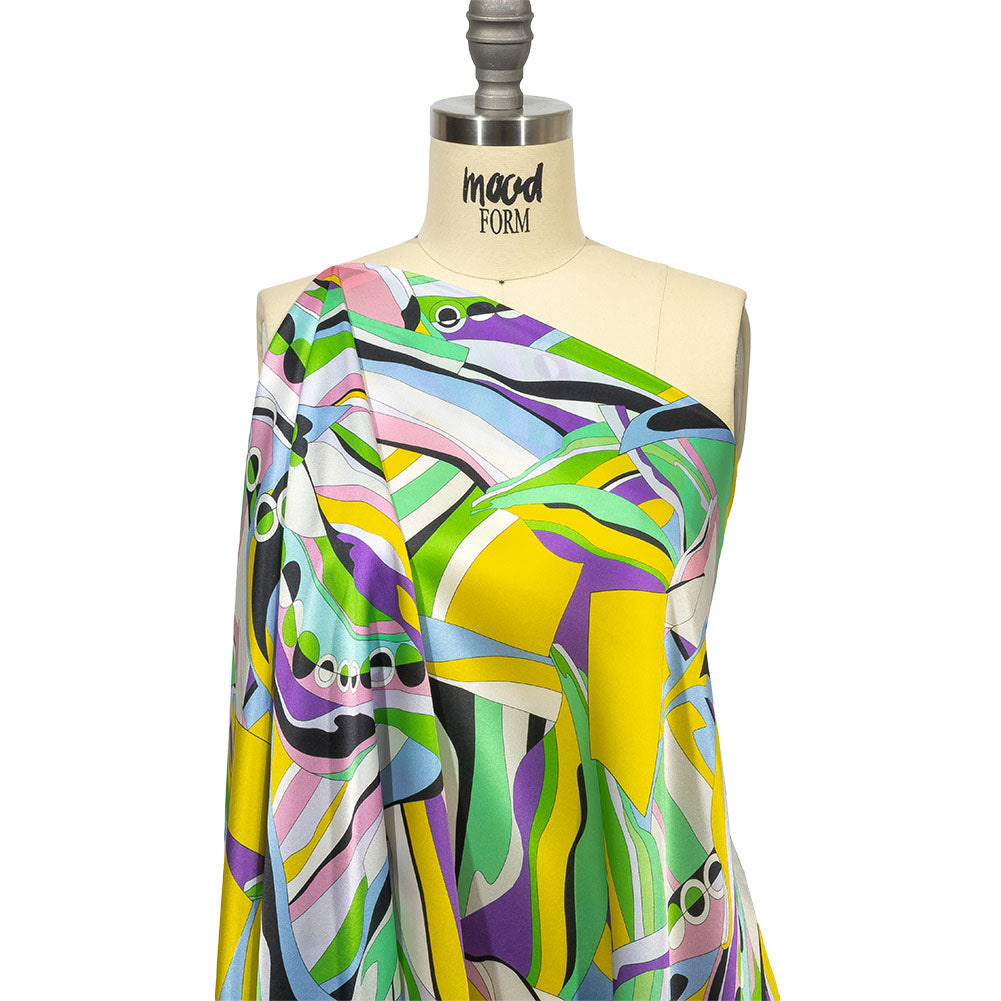 Italian Purple, Green and Yellow Organic Geometry Silk Charmeuse Detail