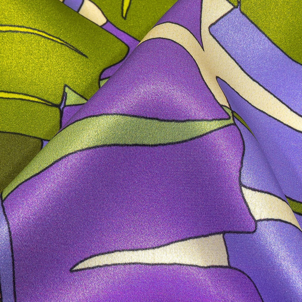 Italian Deep Lavender, Olive and Lime Jungle Leaves Silk Charmeuse Folded