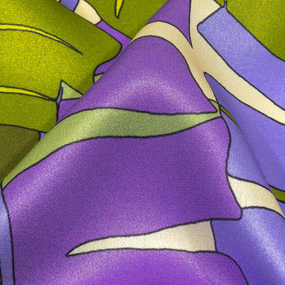 Italian Deep Lavender, Olive and Lime Jungle Leaves Silk Charmeuse Folded