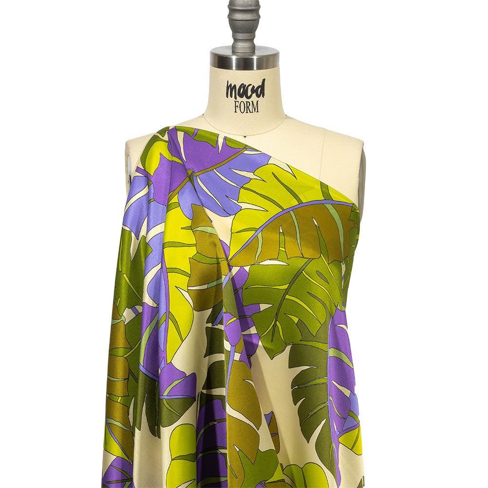 Italian Deep Lavender, Olive and Lime Jungle Leaves Silk Charmeuse Detail