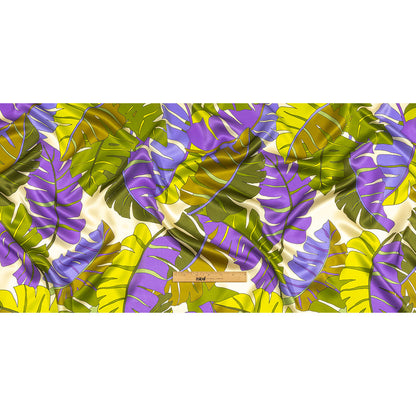 Italian Deep Lavender, Olive and Lime Jungle Leaves Silk Charmeuse Drape