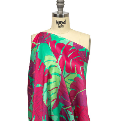 Italian Fuchsia, Hot Pink and Mint Jungle Leaves Silk Charmeuse Detail