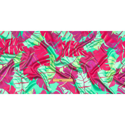 Italian Fuchsia, Hot Pink and Mint Jungle Leaves Silk Charmeuse Drape