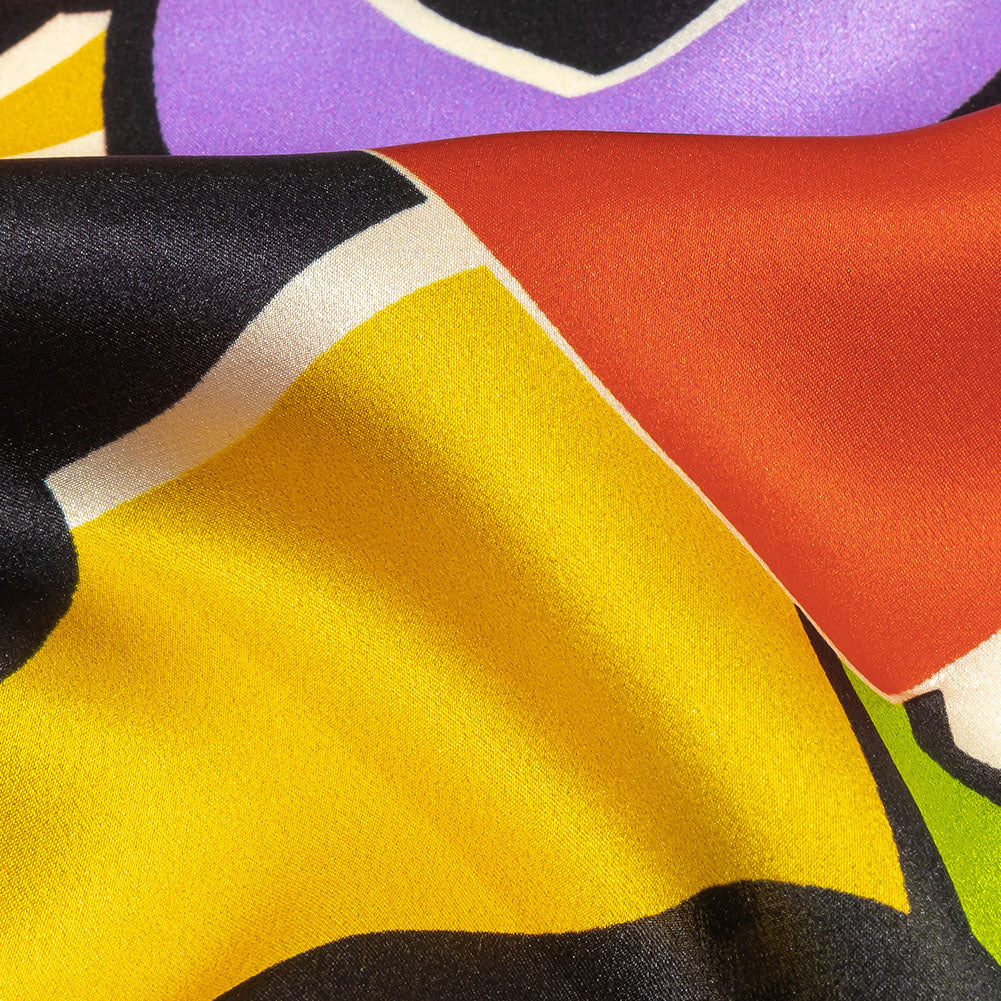 Italian Lime, Goldenrod and Red Geometric Floral Silk Charmeuse Folded