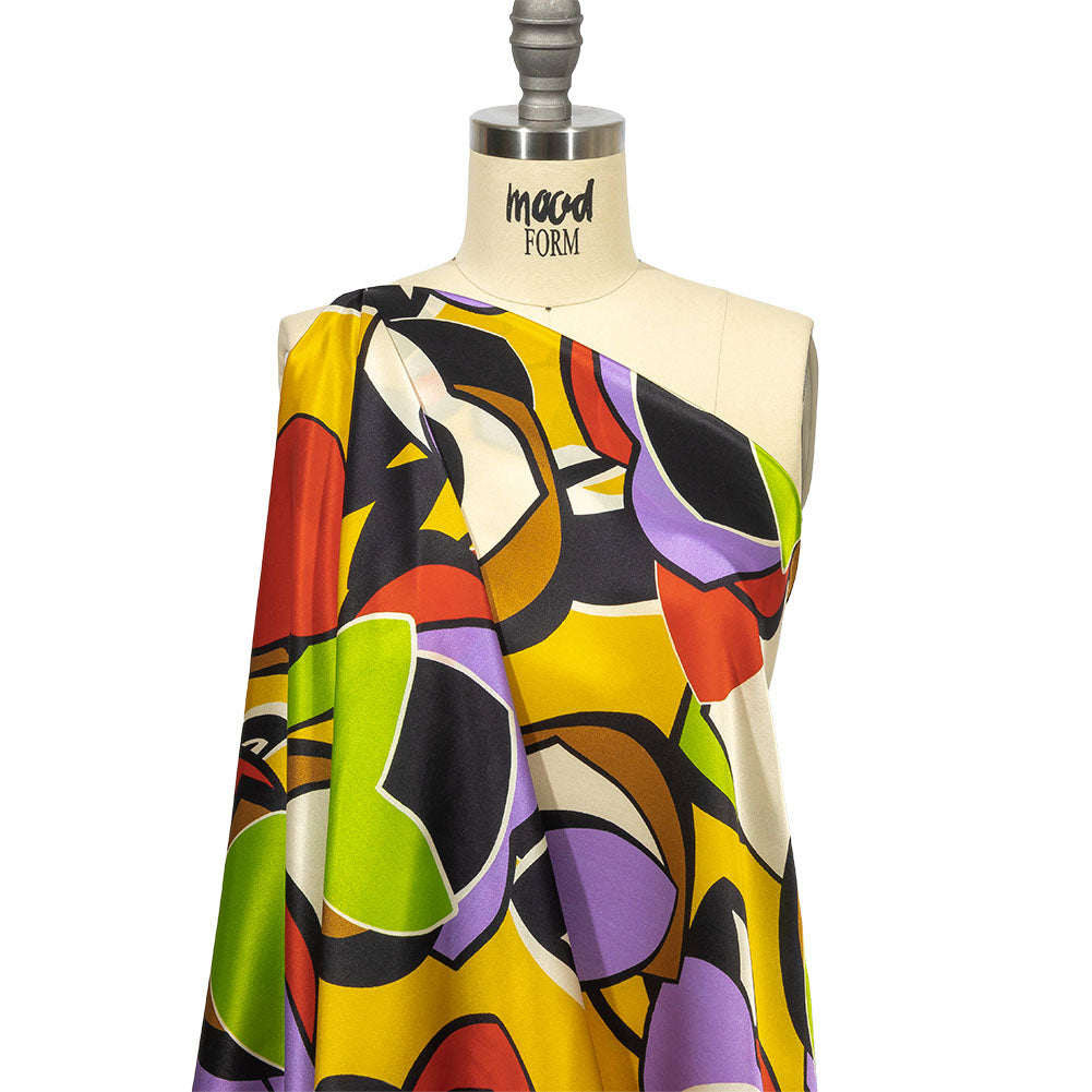 Italian Lime, Goldenrod and Red Geometric Floral Silk Charmeuse Detail