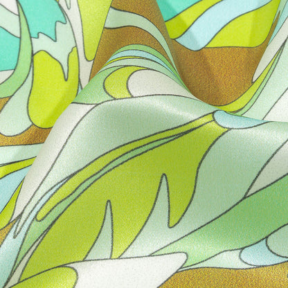 Italian Seafoam, Sky and Brown Feathered Flowers Silk Charmeuse Folded