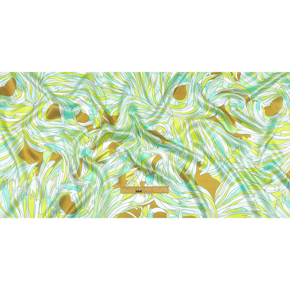 Italian Seafoam, Sky and Brown Feathered Flowers Silk Charmeuse Drape