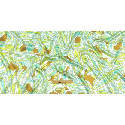 Italian Seafoam, Sky and Brown Feathered Flowers Silk Charmeuse Drape