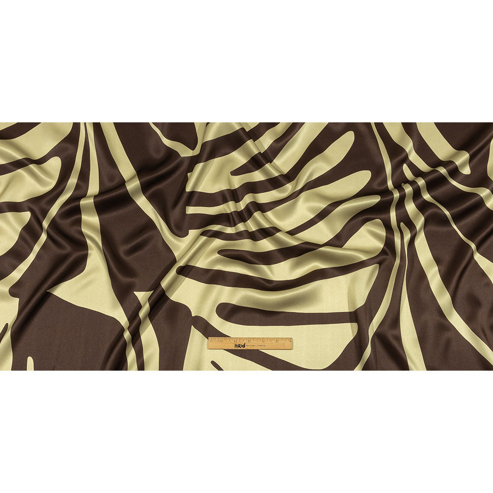 Italian Brown and Beige Oversized Leaves Silk Charmeuse Drape