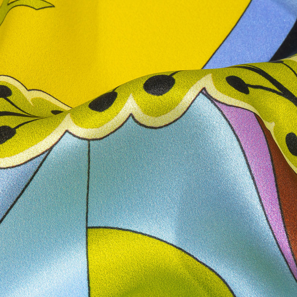 Italian Yellow, Green and Sky Leafy Abstract Silk Charmeuse Folded