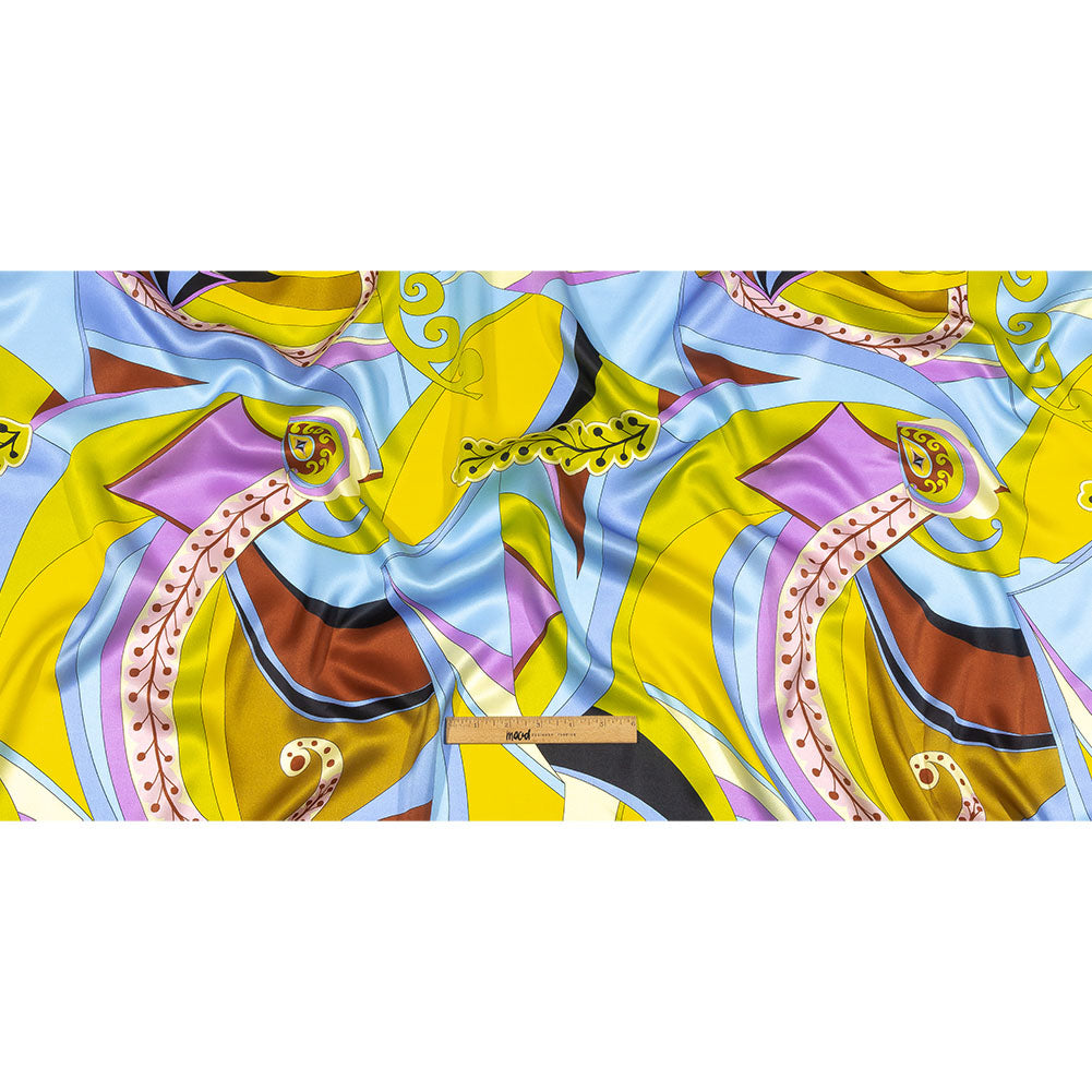 Italian Yellow, Green and Sky Leafy Abstract Silk Charmeuse Drape