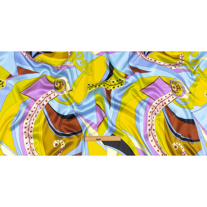 Italian Yellow, Green and Sky Leafy Abstract Silk Charmeuse Drape