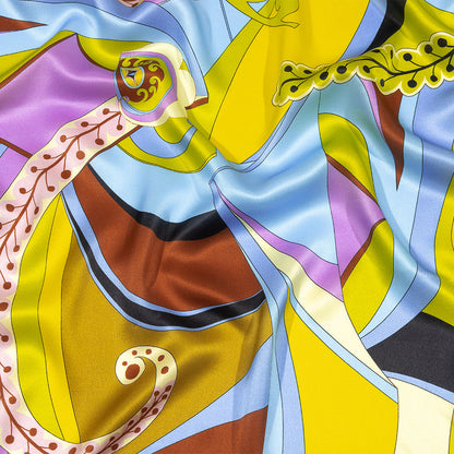 Italian Yellow, Green and Sky Leafy Abstract Silk Charmeuse