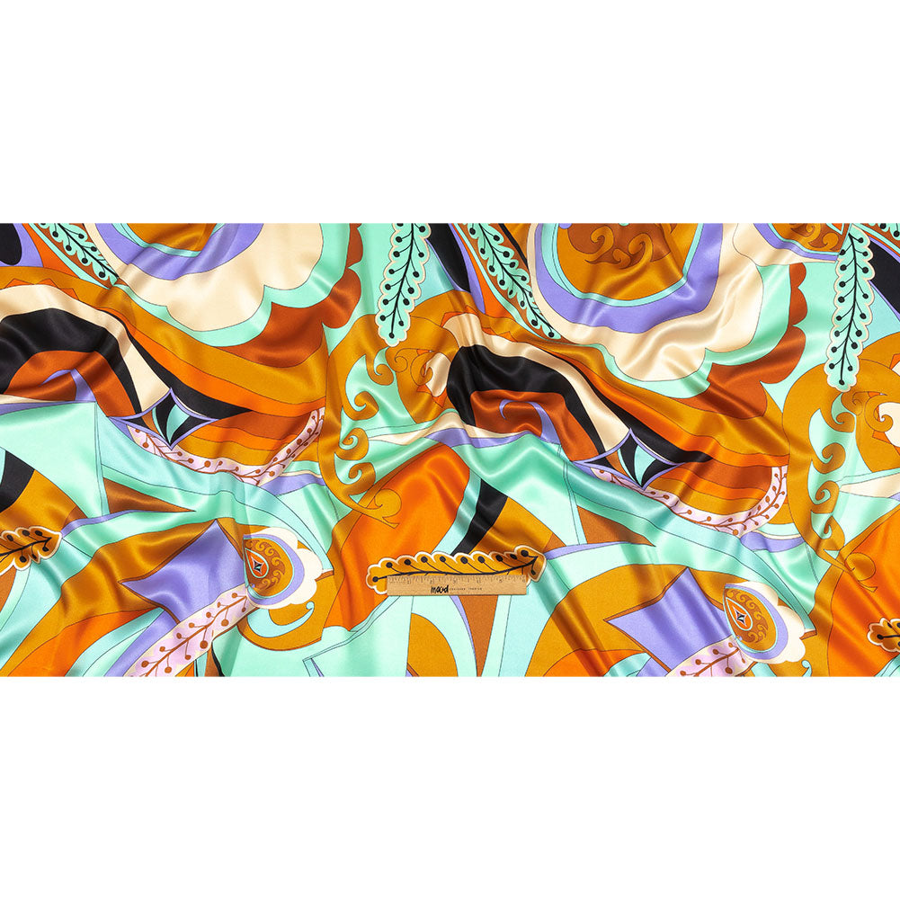 Italian Brown, Orange and Seafoam Leafy Abstract Silk Charmeuse Drape