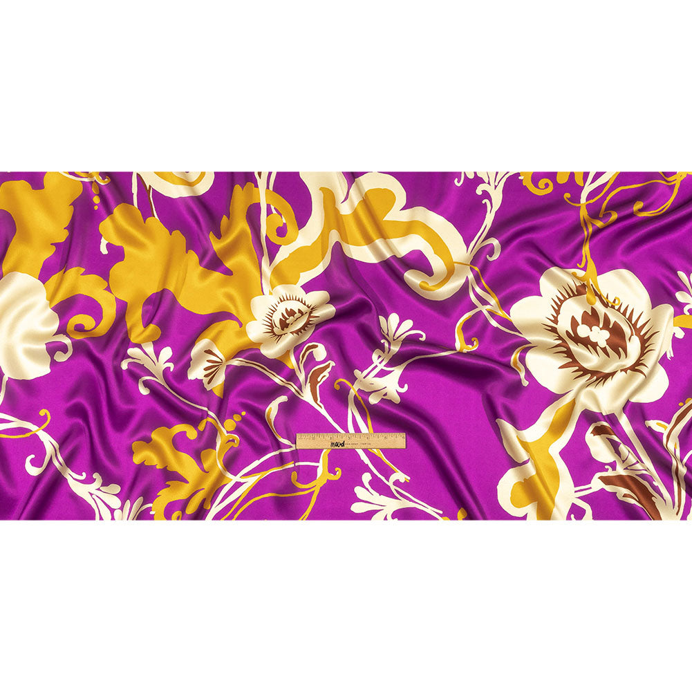 Italian Purple, Gold and Beige Ornamental Floral Silk Charmeuse Drape