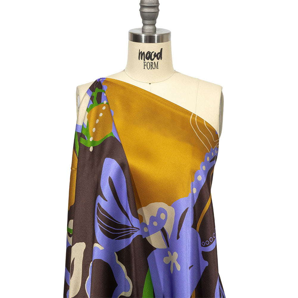 Italian Brown, Blue and Green Abstracted Floral Silk Charmeuse Detail