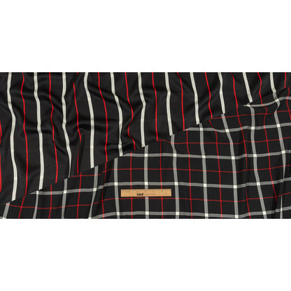 Balenciaga Italian Black, Star White and Red Checked and Striped Double Faced Fluid Viscose Crepe Back Twill Full