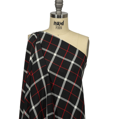 Balenciaga Italian Black, Star White and Red Checked and Striped Double Faced Fluid Viscose Crepe Back Twill Drape