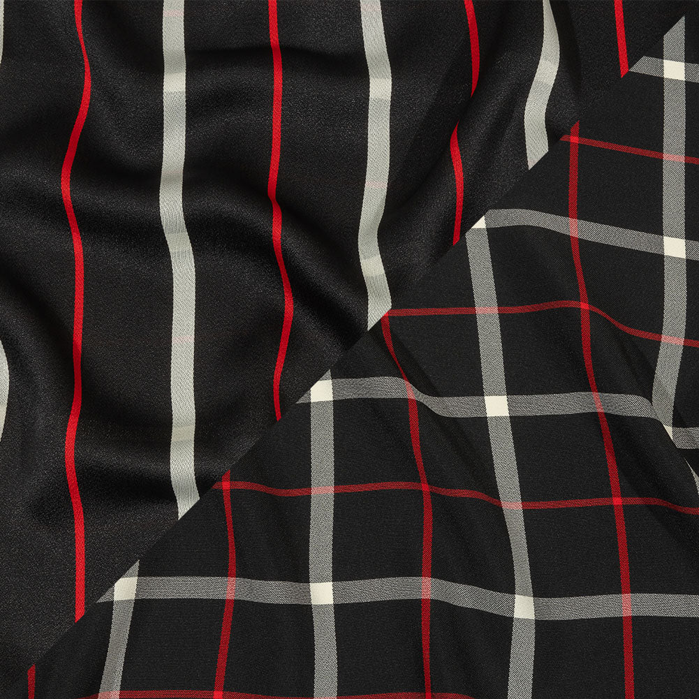 Balenciaga Italian Black, Star White and Red Checked and Striped Double Faced Fluid Viscose Crepe Back Twill