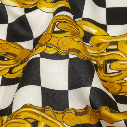 Balenciaga Italian Black Beauty, White Alyssum and Gold Chains and Checkers Polyester Crepe Back Satin Detail
