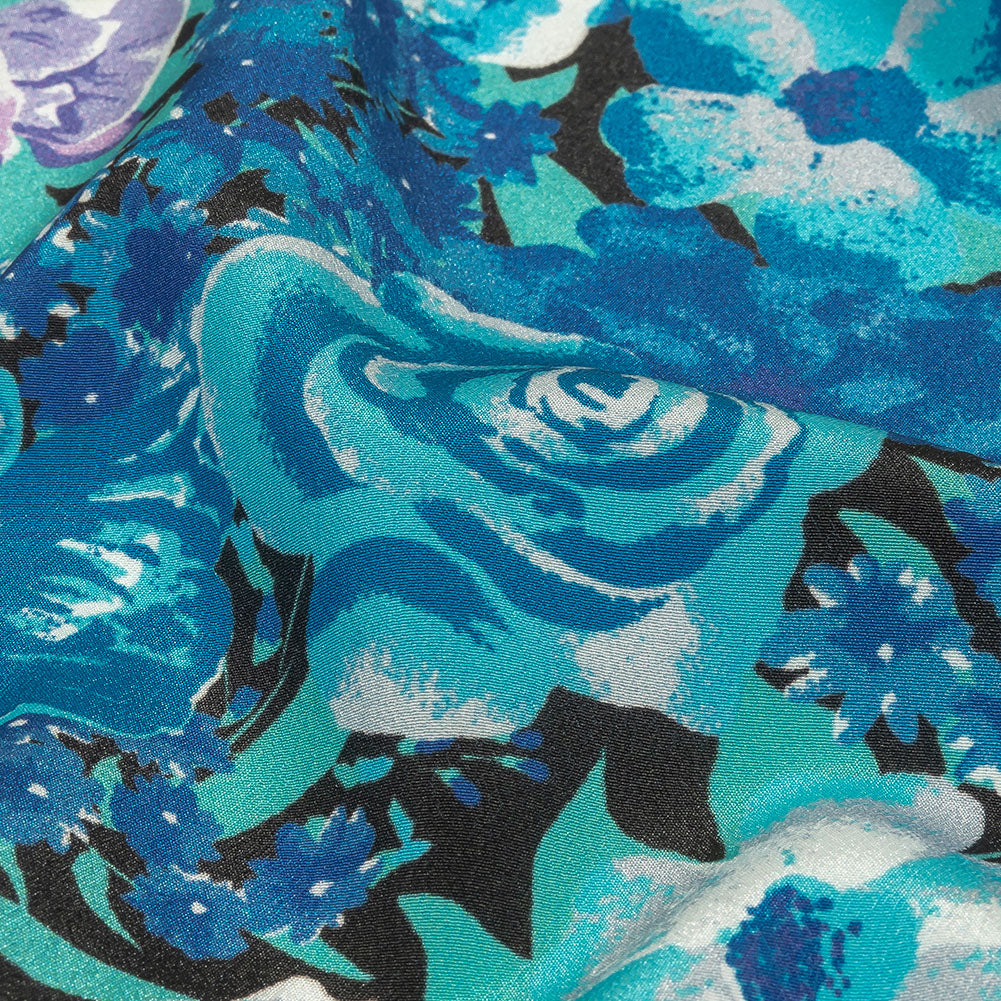 Balenciaga Italian Blue, Purple and Meteorite Floral Polyester Crepe de Chine Detail