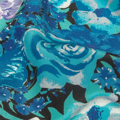 Balenciaga Italian Blue, Purple and Meteorite Floral Polyester Crepe de Chine Detail