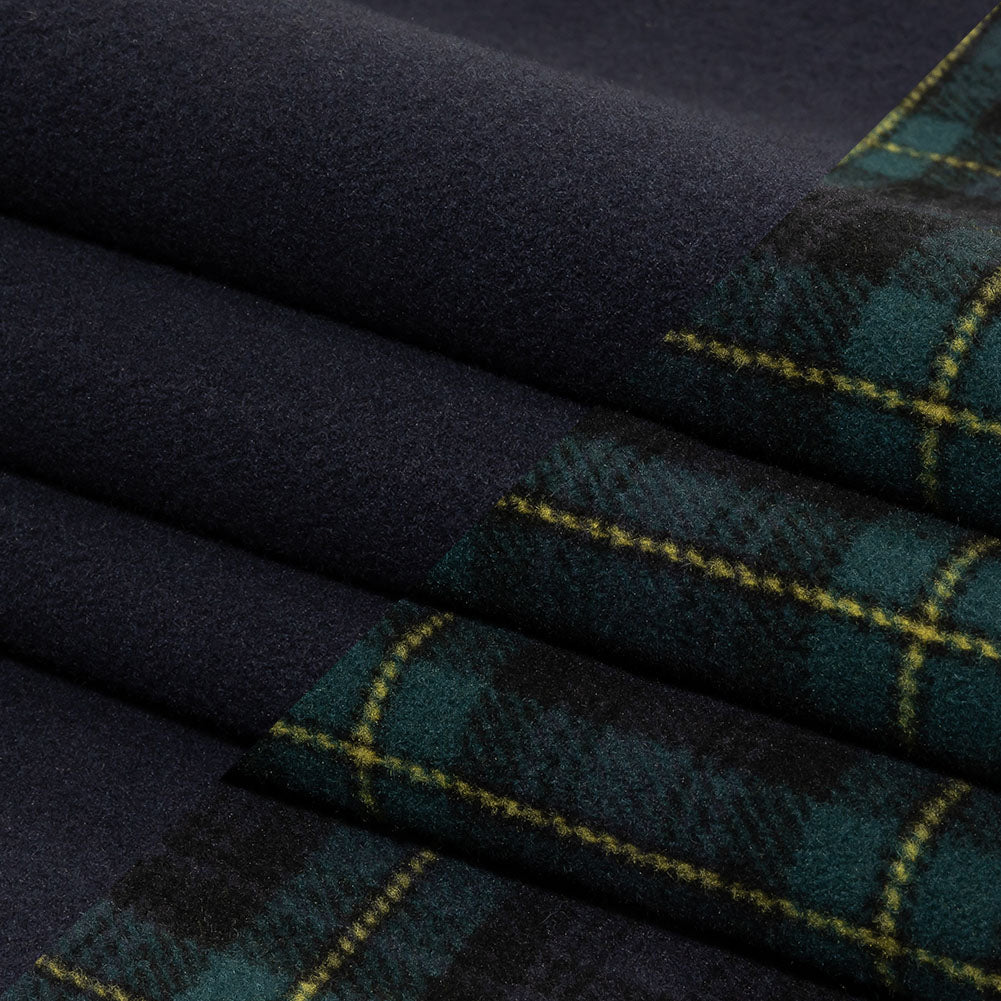 Balenciaga Italian Navy, Green and Yellow Tartan Brushed Double Cloth Blended Wool and Cashmere Twill Coating Folded