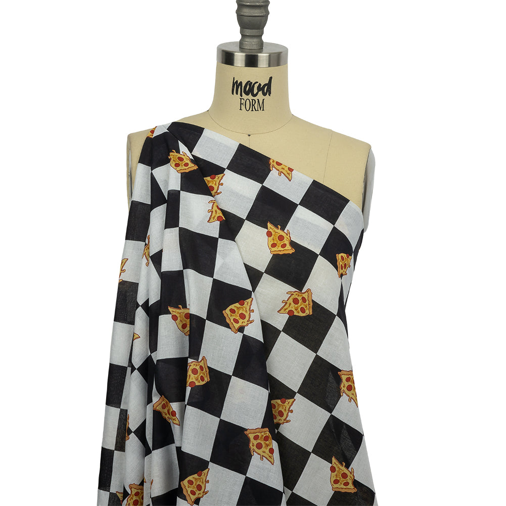 Mercerized Organic Egyptian Cotton Voile - Black, White and Yellow Pizza Check - Toulouse Collection - Drape