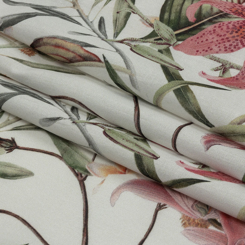 Mercerized Organic Egyptian Cotton Voile - Green, Pink and White Tropical Flowers - Toulouse Collection