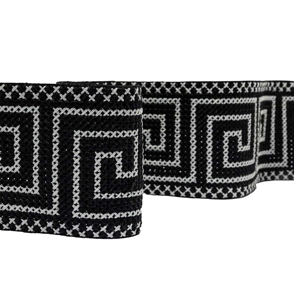 Black and Silver Cross Stitch Greek Key Trim - 2.75"