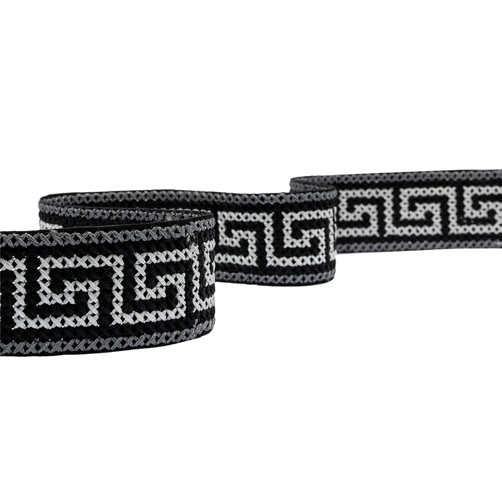 Silver and Black Cross Stitch Greek Key Trim - 1.25"