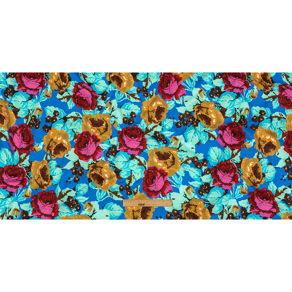 Balenciaga Italian Blue, Mustard and Red Roses Stretch Cotton Twill Full