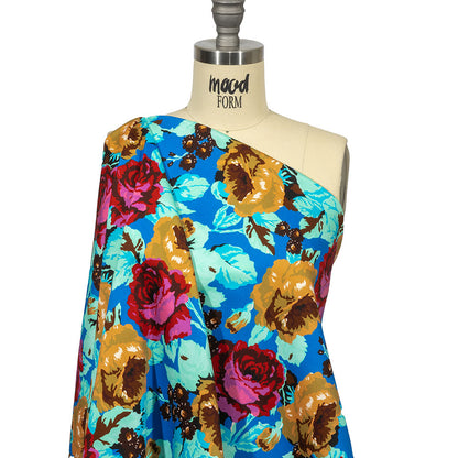Balenciaga Italian Blue, Mustard and Red Roses Stretch Cotton Twill Drape