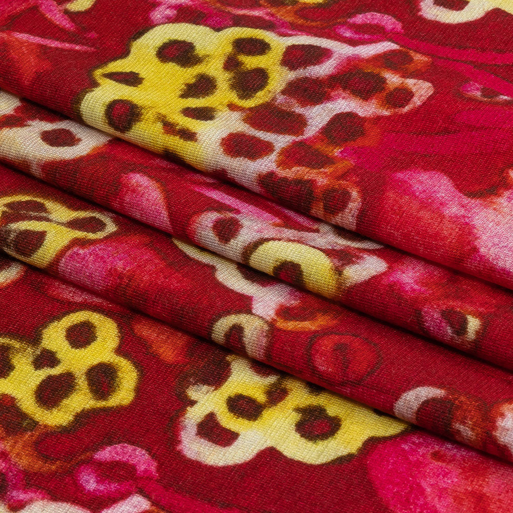 Balenciaga Italian Hot Pink and Yellow Abstracted Watercolor Flowers Stretch Cotton Jersey Folded