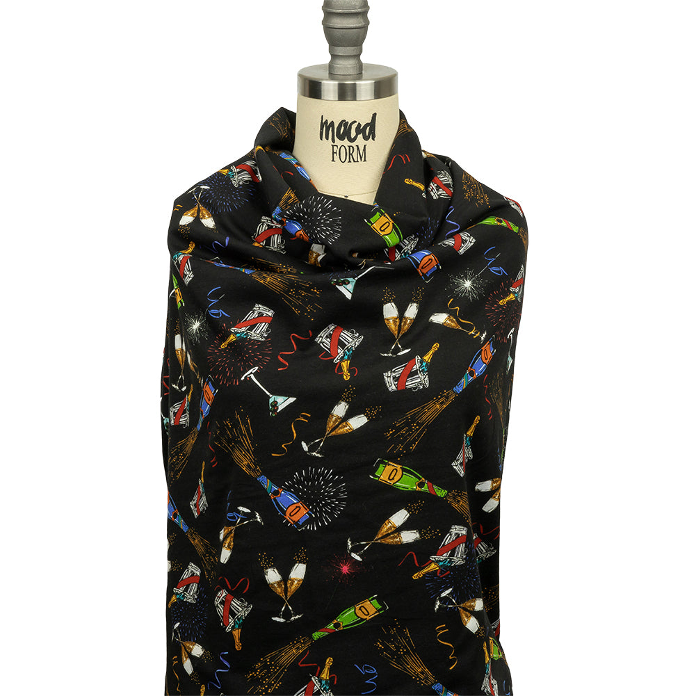 Balenciaga Italian Black, Blue and Gold Celebration Toast Stretch Cotton Jersey Drape