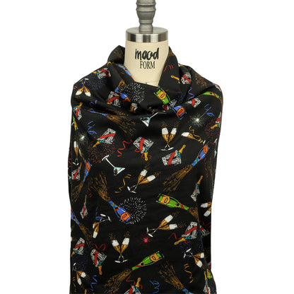 Balenciaga Italian Black, Blue and Gold Celebration Toast Stretch Cotton Jersey Drape