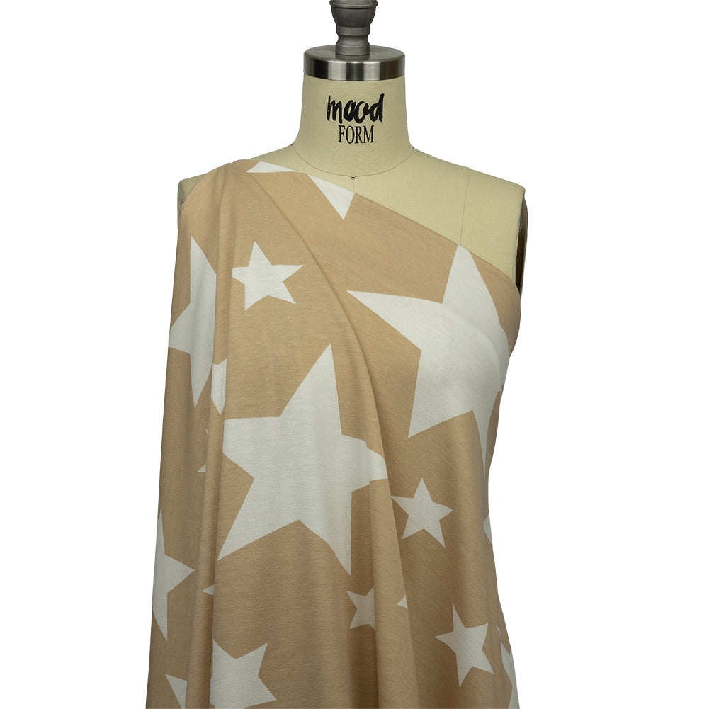 Beige and Star White Stars Stretch Polyester and Rayon French Terry Drape