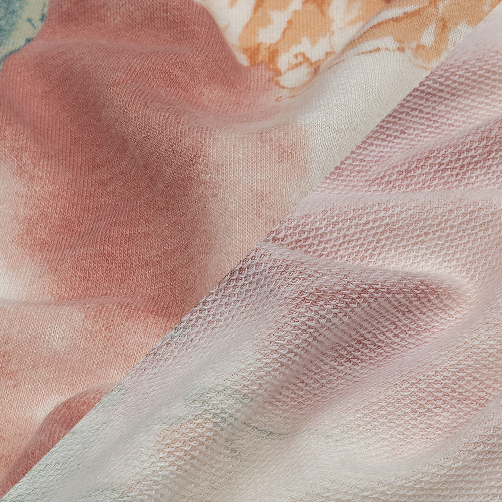 Pink, Orange and Sage Roses and Tie Dye Stretch Polyester and Rayon French Terry Folded