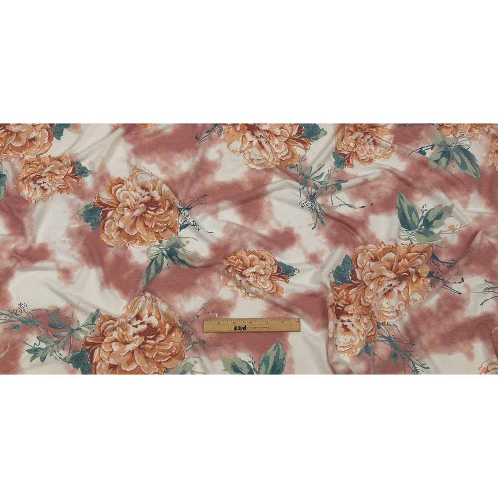 Pink, Orange and Sage Roses and Tie Dye Stretch Polyester and Rayon French Terry Drape