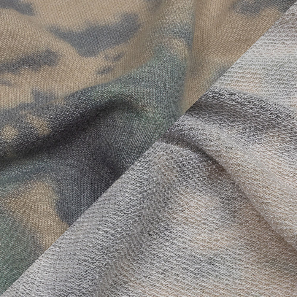 Beige, Gray and Mint Tie Dye Splash Stretch Polyester and Rayon French Terry Folded