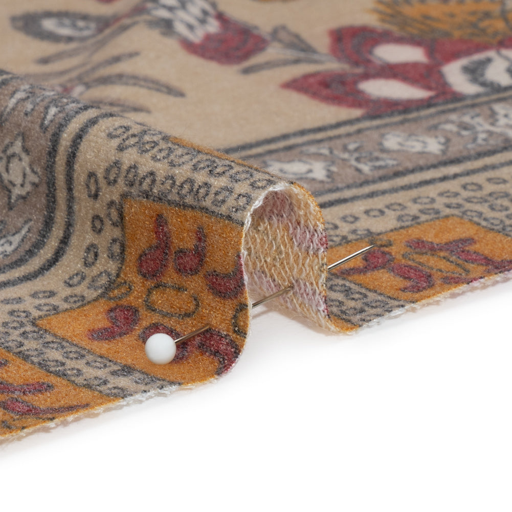 Tan, Red and Orange Rustic Floral Stripes Stretch Polyester and Rayon French Terry Folded