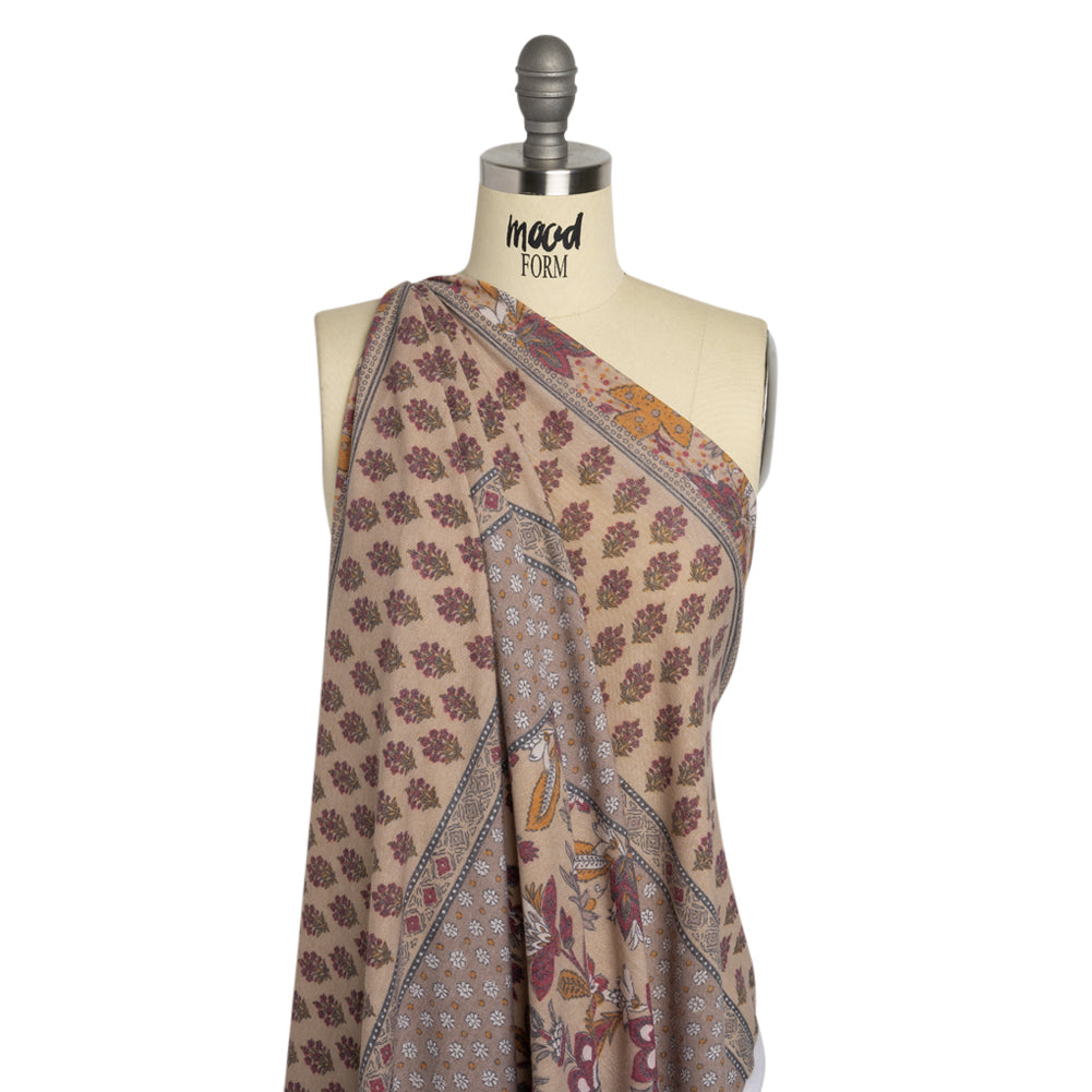 Tan, Red and Orange Rustic Floral Stripes Stretch Polyester and Rayon French Terry Detail